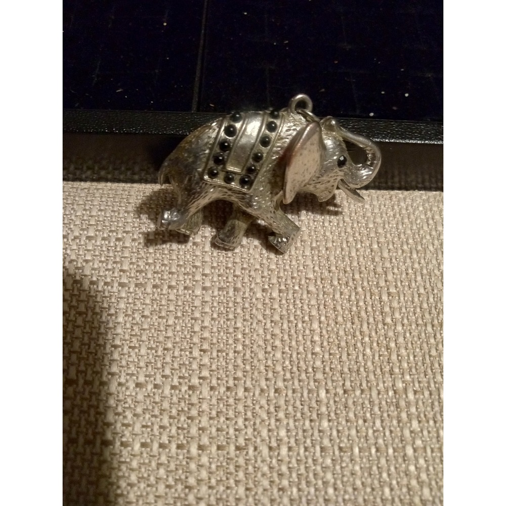 Silver Tone Elephant Charm Black Rhinestone Accents Pendant Necklace Brooch Pin